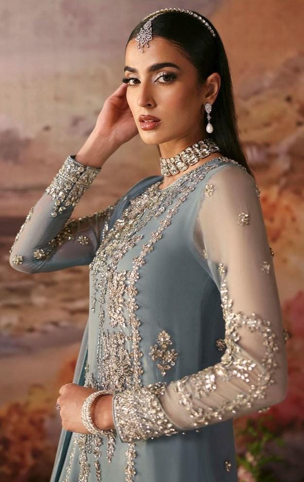 Endless Sky powder blue chiffon suit by Nomi Ansari - front view