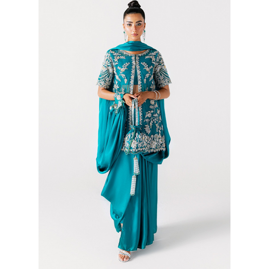Zamrud Ayin turquoise green net gown by Sara Rohale Asghar at Fatimaa Store