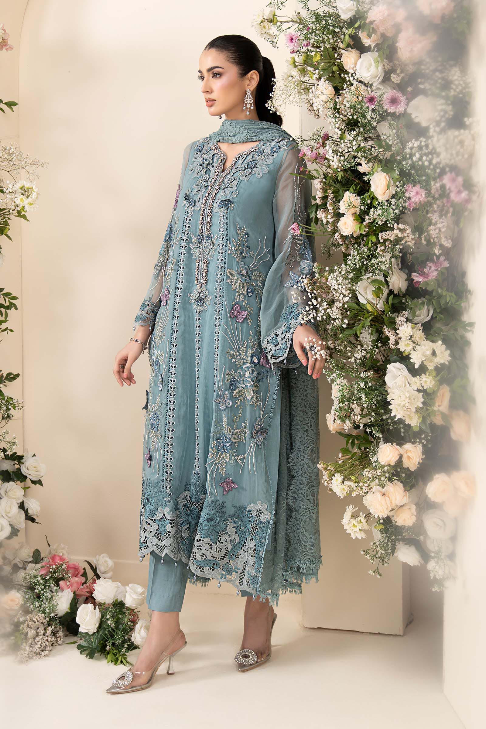 Maria B MCS-26-106 Aqua Chiffon Suit with 3D embroidery, pearl drops, and included tassels and beadwork, available in stitched and unstitched versions.